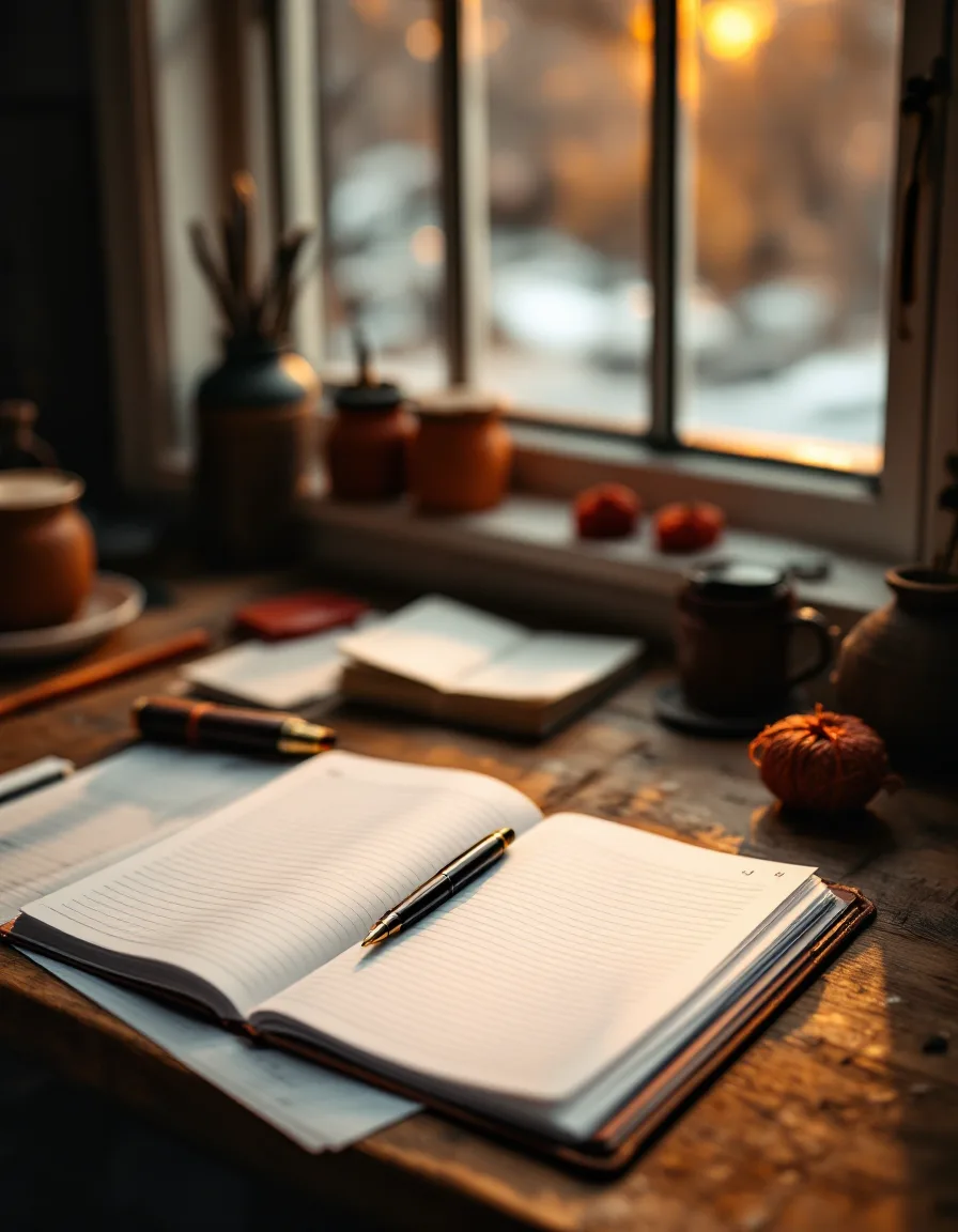 A ruled ledger, fountain pen, and statements bound with coral twine on a bookkeeper's desk in soft morning light